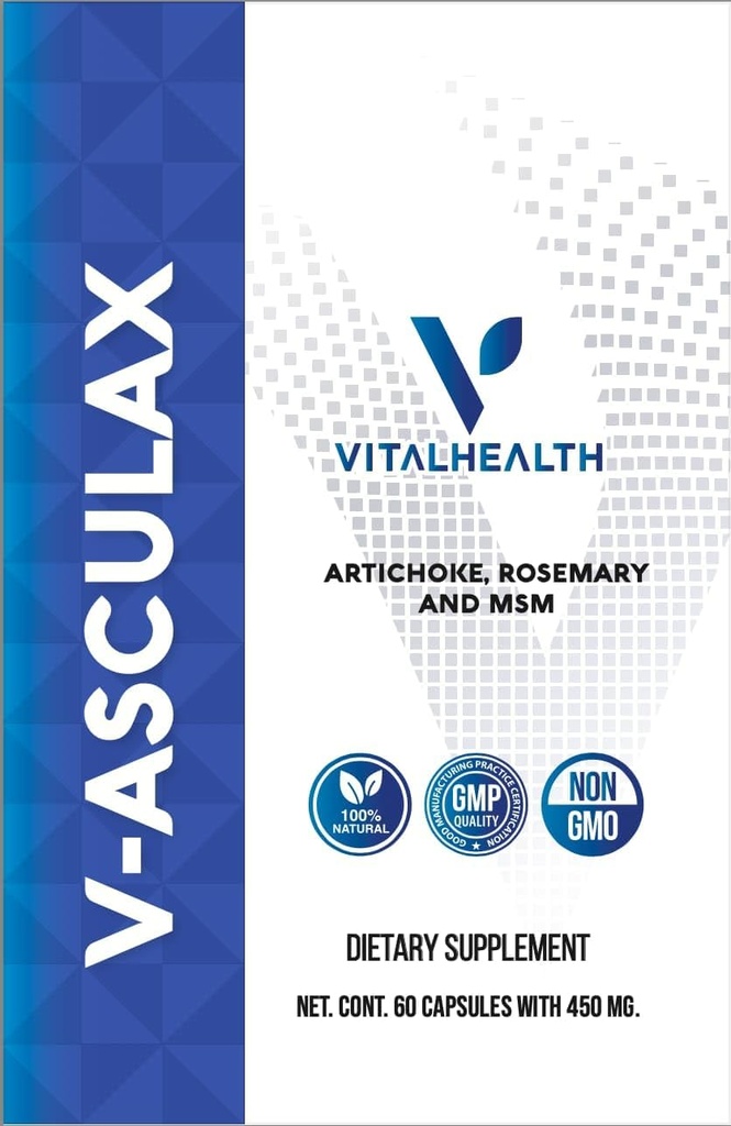 Vital Health V-Asculax Circulation Support – Heart Health, Blood Flow, Fluid Retention & Arterial Circulation – Natural Herbal Formula with Witch Hazel, Rue, Artichoke, Rosemary, MSM &amp; Horsetail