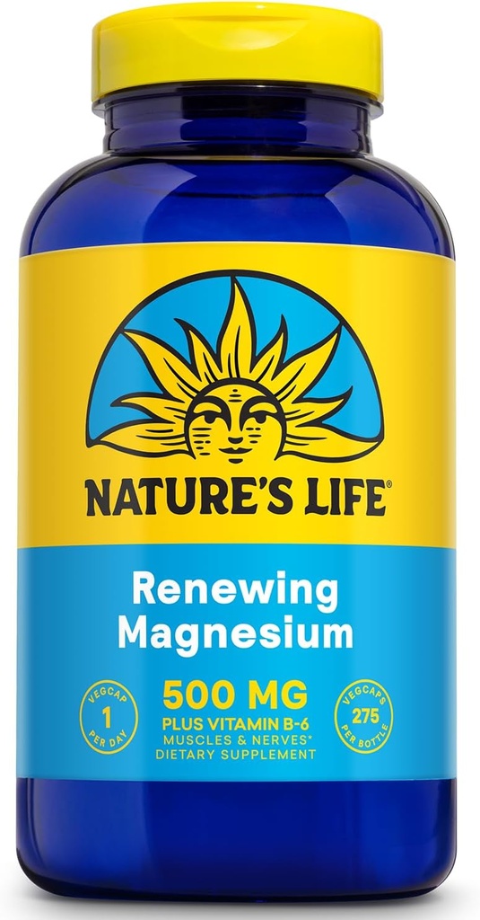 Magnesio de renovación de la vida de la naturaleza 500 mg - Citrato de magnesio, malato de magnesio, óxido de magnesio más vitamina B-6 - musculos y nervios Soporte - laboratorio Verificado - 275 Servimientos, 275 VegCaps