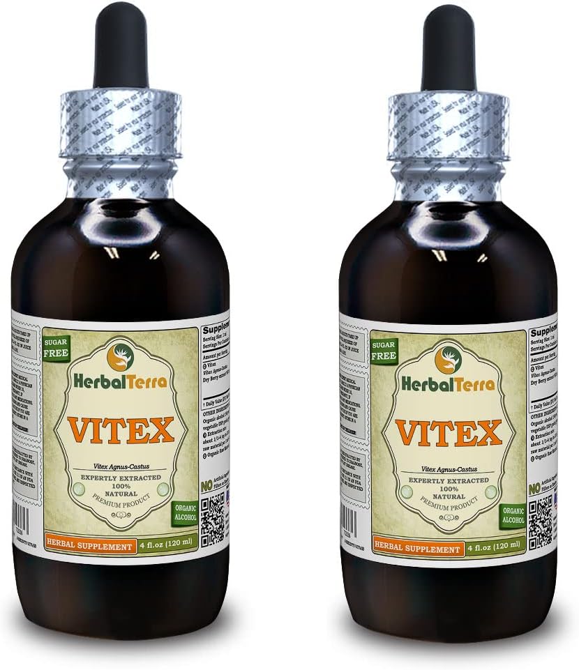 Vitex (Vitex Agnus-Castus) Tintura, Cerezas orgánicas Extracto líquido (Marca: HerbalTerra, Proudly Made in USA) 2x4 fl.oz (2x120 ml)