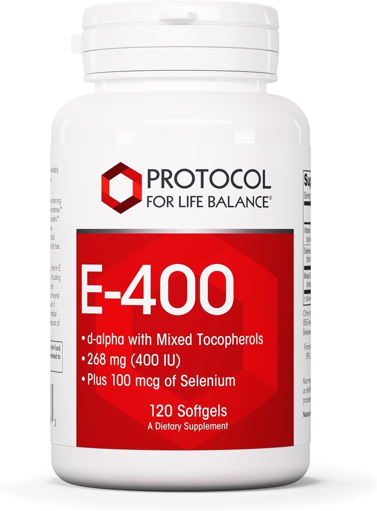 Protocolo E-400 268 (400 UI) - Vitamina E Softgels - Antioxidantes Suplemento con Selenium - d-Alpha con Tocoferol mixto - Dairy Free &amp; Halal - 120 Softgels