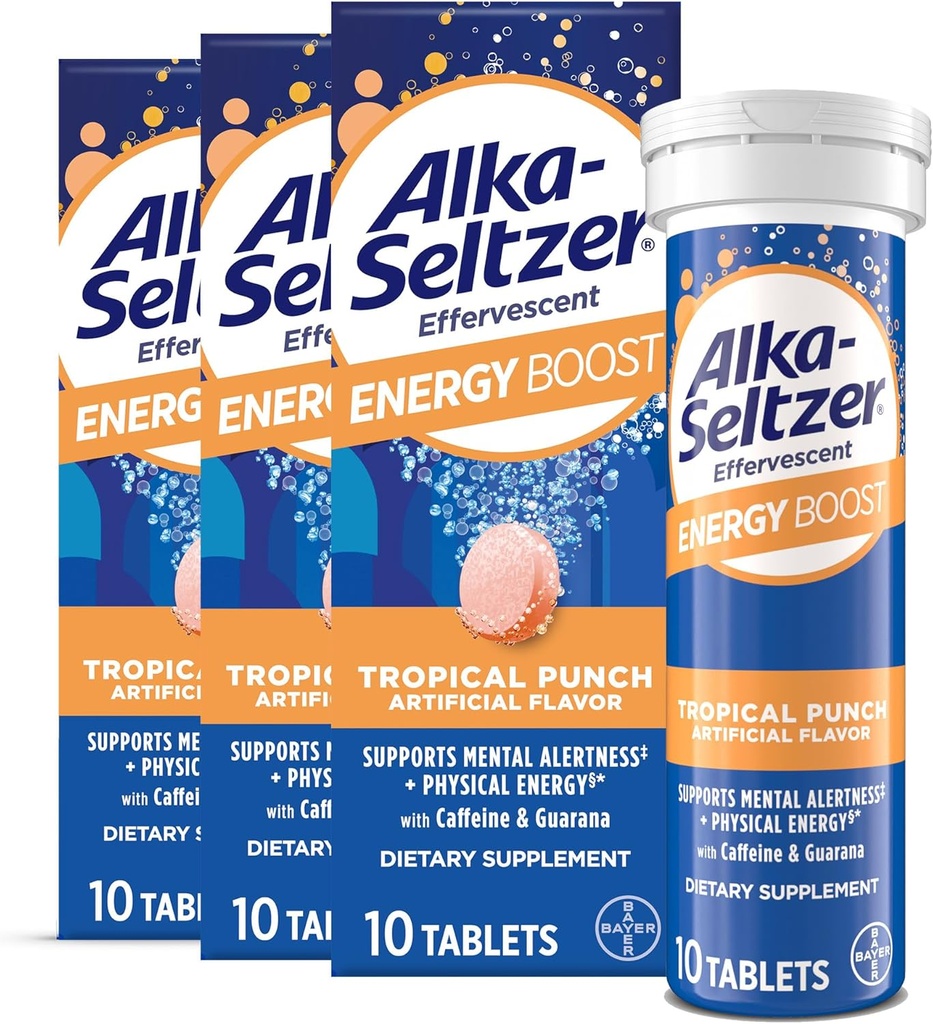 Alka-Seltzer Energy Boost: Caffeine &amp; Guarana, B Vitaminas, soporta la alerta mental y la energía física, suplemento de energía diaria, tabletas de fibra, libre de azúcar, sabor tropical claro, 30ct