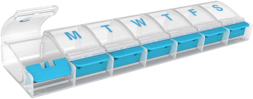 EZY DOSE Weekly (7-Day) AM/PM Organizador diario de píldoras, Caso de vitaminas y Contenedor de medicina, Compartimientos X-Large, Artritis Friendly, Conveniente y Fácil de usar, Clear/Blue, Design May Vary, BPA Free
