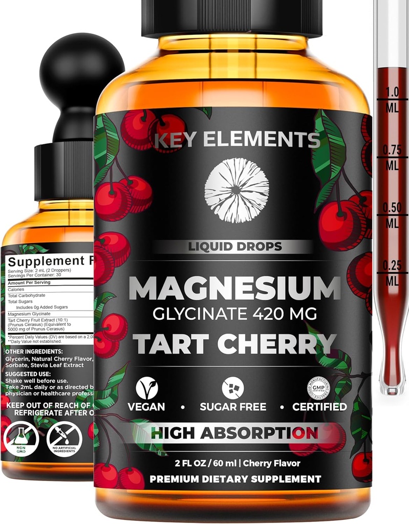 Líquido Magnesio Glycinate 420 Mg con Natural Tart Cherry Extract ¦ Magnesium Glycinate Drops Supplement for Sleep, Mood & Mobility Support latitud Tart Cherry Extract