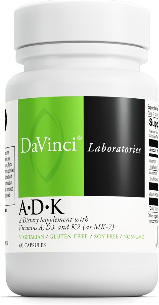 DAVINCI Laboratorios ADK - Ayuda a apoyar el hueso, el corazón &amp; la salud inmunológica - Suplemento dietético con vitaminas A, D3 &amp; K2 (como MK-7) - Vegetariano, gluten libre &amp; Soy Gratis - 60 cápsulas