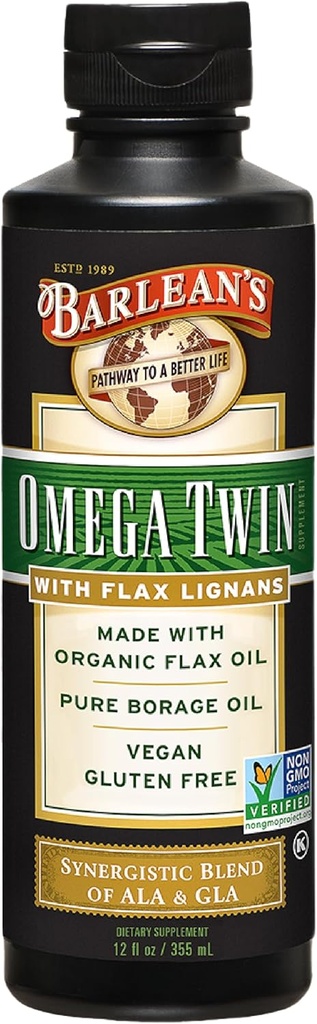 Barlean's Omega Twin Liquid Flaxseed Oil and Pure Borage Oil Supplement with Lignans, 6,010mg ALA and 465mg GLA Omega Fatty Acids from Organic Flax Seed and Cold Pressed Borage Seeds, 12 oz