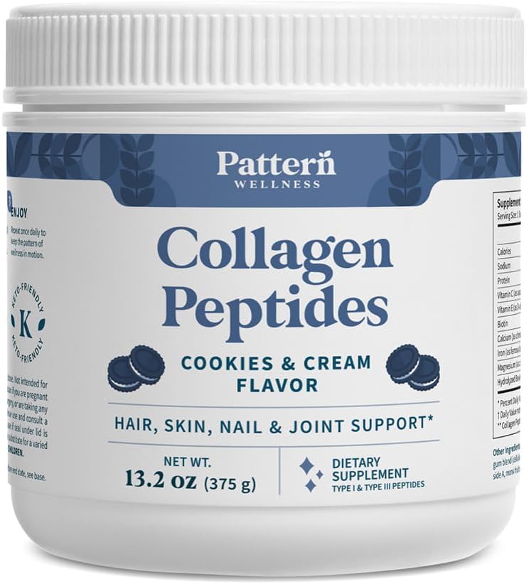 Pattern Wellness Collagen Peptides Powder (Type I & III) - Hair, Nails, Skin &amp; Joint Support - Grass Fed & Pasture-Raised - Hydrolyzed, Non-GMO, Dairy Free, " Keto-Friendly - Cookies " Cream (13 Oz)