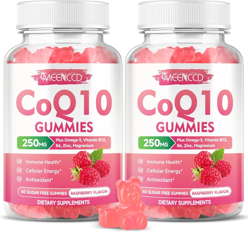 CoQ10 sin azúcar 250 mg, Coenzima Q10 Suplementos Plus Omega-3, Vitamina B6 &amp; Zinc, Alta Absorción CoQ10 Suplemento para Energía Celular y Apoyo Antioxidante, Raspberry Flavor, Vegan 120Cts