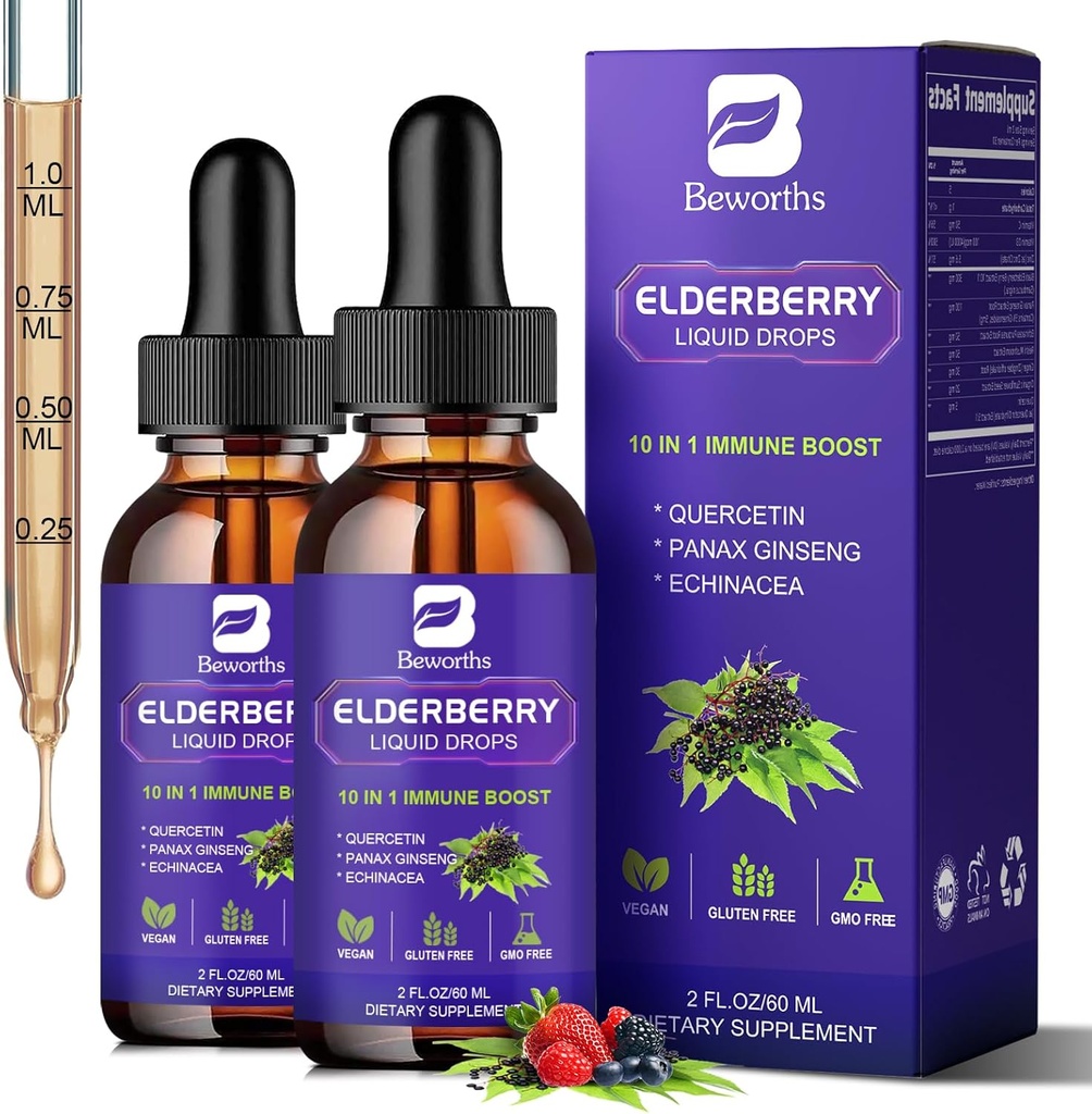 2 Pack Elderberry Syrup, Black Elderberry Drops with Quercetin, Panax Ginseng, Vitamina C y Zinc, Sambucus Elderberry Syrup Liquid for Immune Support, Vegan, Non-GMO & Gluten Free