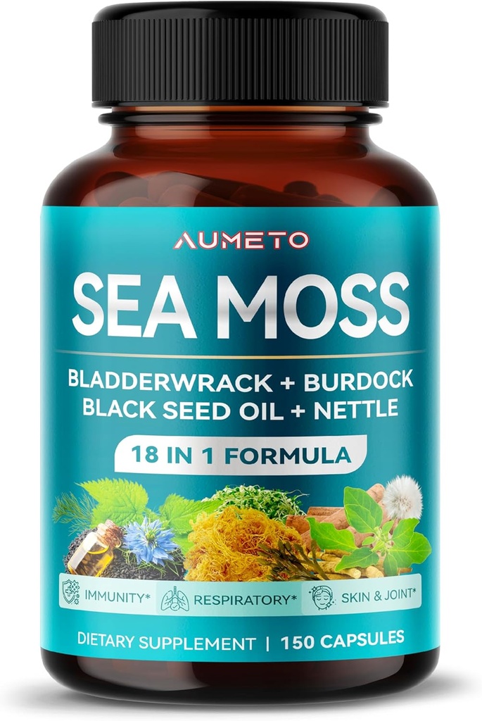Premium Sea Moss Suplemento con Black Seed Oil, Ashwagandha, Bladderwrack, Nettle- Advanced 18-in-1 Formula for Immunity Boosting, Mineral-Rich - Made in The USA (150 Conde (Pack of 1))