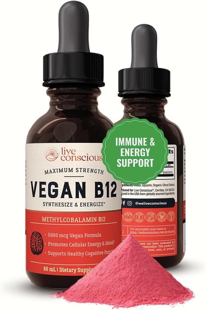 Live Conscious Vegan Vitamin B12 Sublingual Liquid Drops | Methylcobalamin Max Strength B12 5000mcg Formula | Vegan B 12 Vitamin Support Energy | Promote Memory & Aid Immune System | 60 Serving