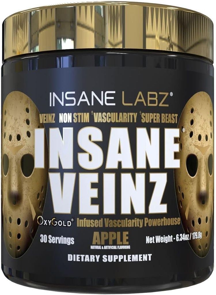 Insane Labz Insane Veinz Gold, Nitric Oxide Non Stimulant pre Workout Powder, cargado con Hydromax, Nitrosigine, aumenta la vascularidad y el flujo de sangre, 30 Srvgs, Apple