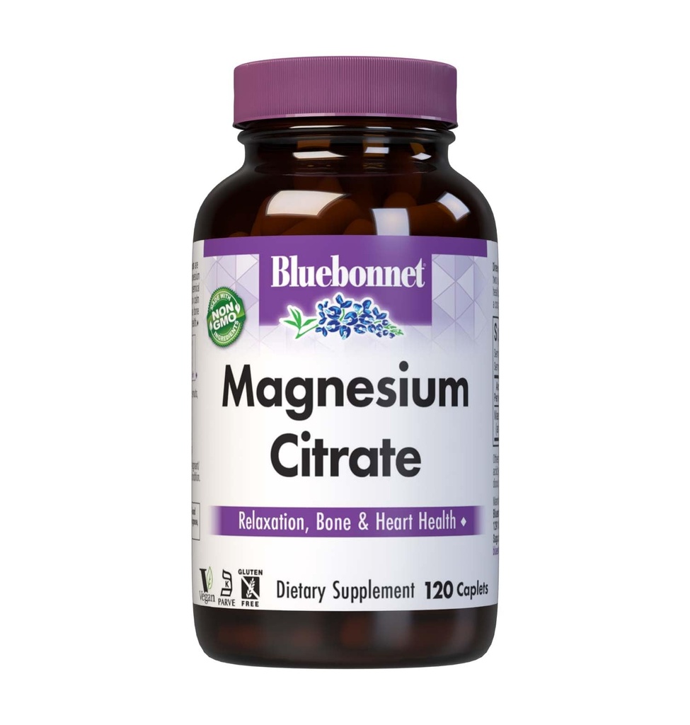 Citrate de Magnesio de Bluebonnet, 400 mg de Magnesio, Absorción Máxima, Apoyo a la Producción de Energía y Salud Inmune*, Libre de soja, Libre de gluten, No GMO, Kosher, Libre de lácteos, Vegan, 120 Caplets