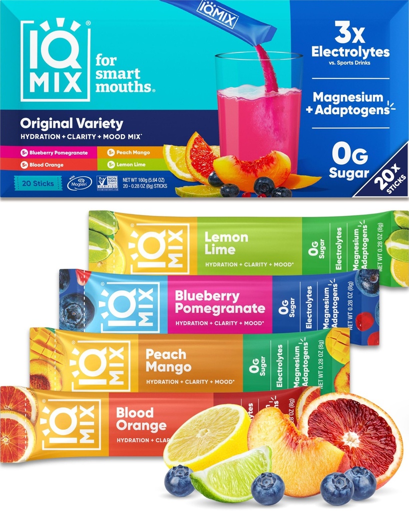 IQMIX Sugar Free Electrolytes Powder Packets - Hydration Supplement Drink Mix with Keto Electrolytes, Lions Mane, Magnesium L-Threonate, and Potassium Citrate - Variety Pack (20 Count)