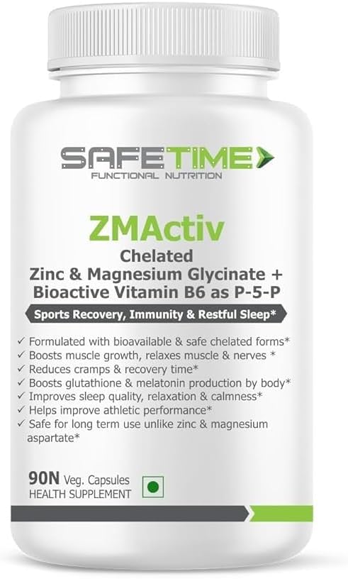 Safe.TIME ZMActiv Zinc Glycinate, Magnesium Glycinate, Active Form Vitamin B6 P5P, Sports Recovery, Restful Sleep, Immunity, Glutathione Booster, Bioavailable, Safe (1 Cantidad - 90 Veg Capsules)