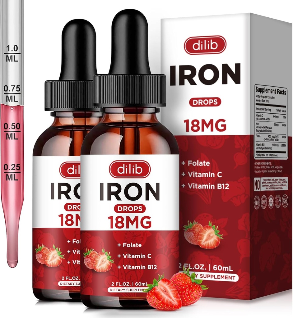 (2 Pack) Suplemento de hierro líquido para mujeres &amp; hombres gotas de hierro Suplementos de hierro para la anemia con folato, vitamina C, B12 para el apoyo de células de sangre roja-Strawberry, 4 Fl Oz
