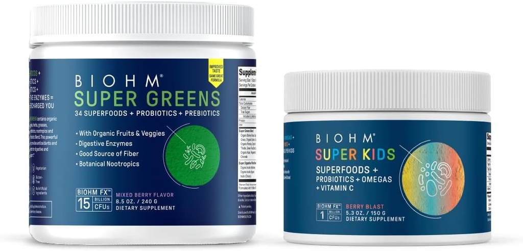 BIOHM Super Verdes y Super Kids Bundle, Verde Superfood Powder Veggies Antioxidantes con niños Superfood Plus Probióticos, Berry Flavor, 30 Servimientos Cada