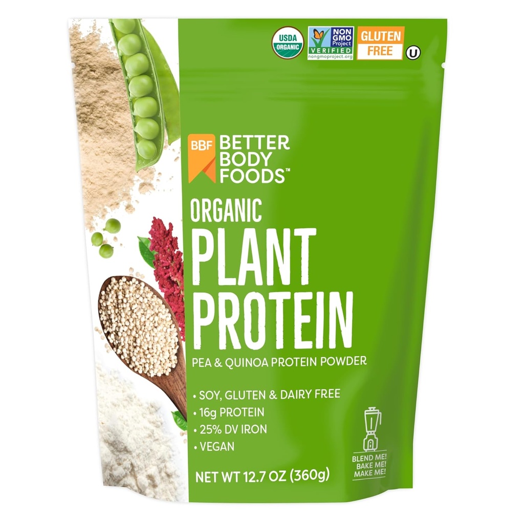 BetterBody Foods Organic Plant Based Protein Powder, 16g of Protein 24% DV, Vegan, Low Net Carbs, Gluten Free, Dairy Free, No Sugar Añadido, Soy Free, Non-GMO, 12.7 Ounces