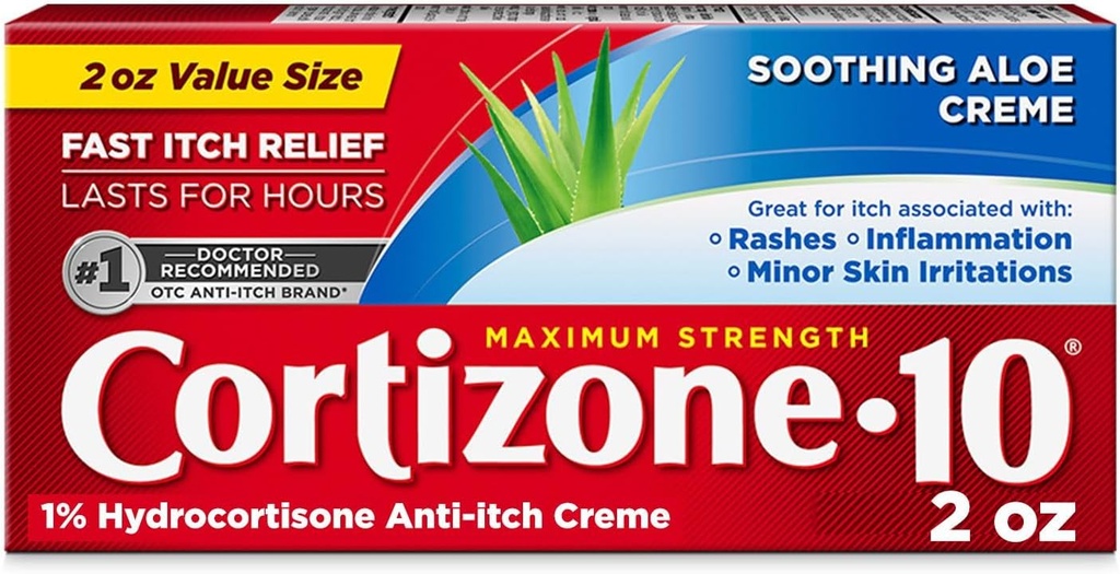 Cortizone 10 Crema Anti-Itch de fuerza máxima con Aloe relajante, 1% Crema de hidrocortisona, 2 oz.