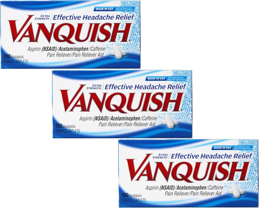 Alivio eficaz del dolor de cabeza de vacuno – Aspirina (NSAID), Acetaminofeno, Caffeine, 100 cápsulas coadas analgésicas - 3 Pack