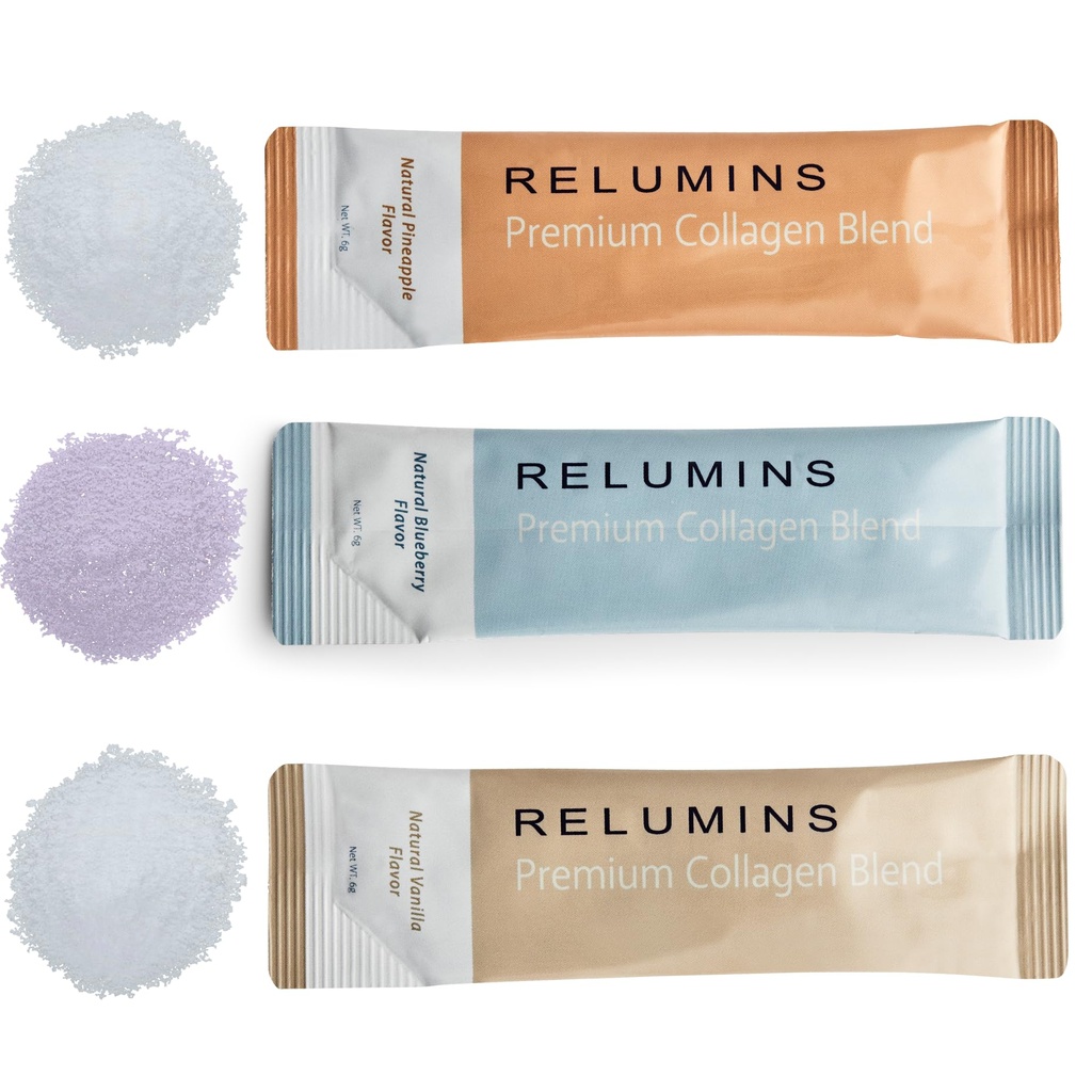 Relumins Marine Collagen Powder Drink Mix - Collagen Peptide with Glutathione, Green Tea, CoQ10, " Hyaluronic Acid Boosts Smooth Glowing Skin - 100 Powder Sachets x Mix Flavored