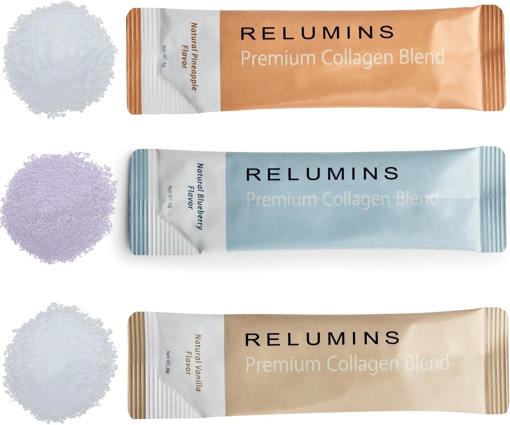 Relumins Marine Collagen Powder Drink Mix - Collagen Peptide with Glutathione, Green Tea, CoQ10, " Hyaluronic Acid Boosts Smooth Glowing Skin - 100 Powder Sachets x Mix Flavored