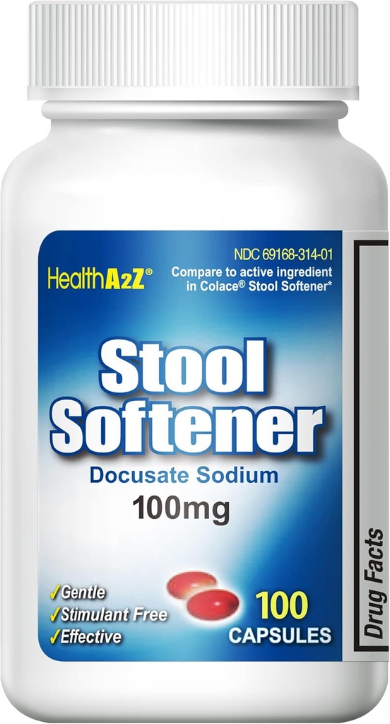 HealthA2Z® Stool Softener | Docusate Sodium 100mg | Red Capsules | Dependable | Gentle Constipation Relief (100 Counts (Pack of 1))