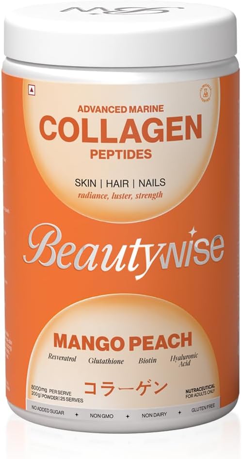 Belleza Avanzada Collagen Proteínas Marinos Polvo con ácido hialurónico, Glutathione " Biotina " No Smell " Fácil de mezclar con No Añadido Sugar 250G(Mango-Peach Pack of 1)