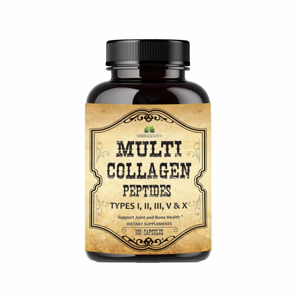 HERBALICIOUS Multi Collagen Peptides Capsules - Non-GMO & Gluten Free Type I, II, III, V, X Hydrolyzed Collagen Supplements with Vitamin C - Supports Healthy Hair, Skin, Nails, & Joints - 120 Capsules
