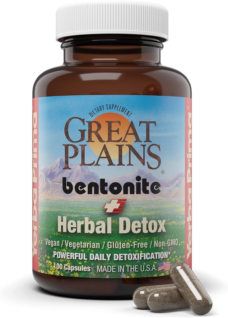 Yerba Prima Bentonite Clay Plus Herbal Detox, 100 Veg Capsules - Alimentos Grado Clay de las Grandes Llanuras, EE.UU. - Colon &amp; Liver Cleanse Suplemento con Calcium Clay