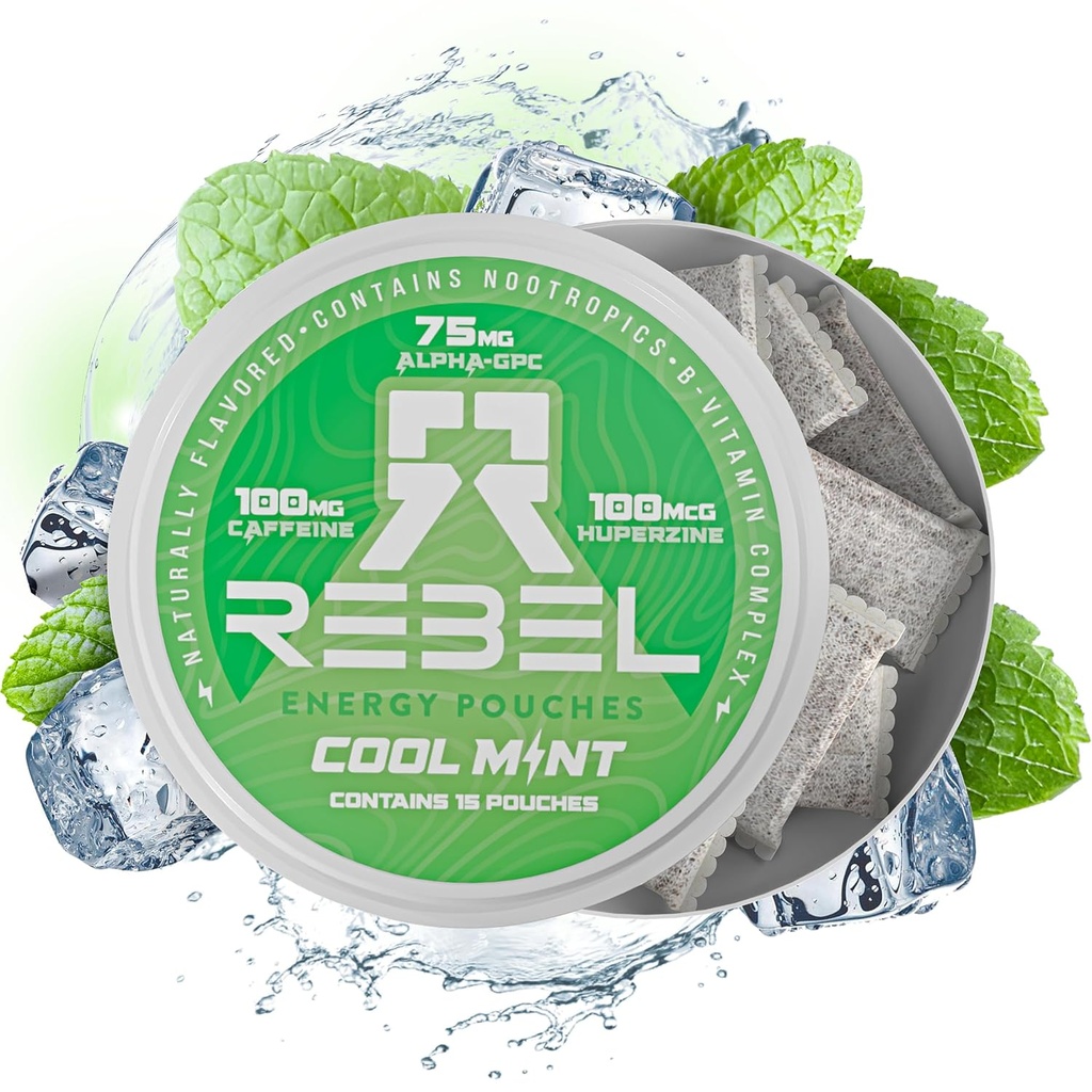 Pouches de cafeína de energía nootrópica • 100 mg de cafeína • Alfa GPC • Huperzina A " Vitaminas esenciales • Sin azúcar • Tecnología de fibra de coco • sabor de menta fresca • 15 bolsas por can (Pack of 1)