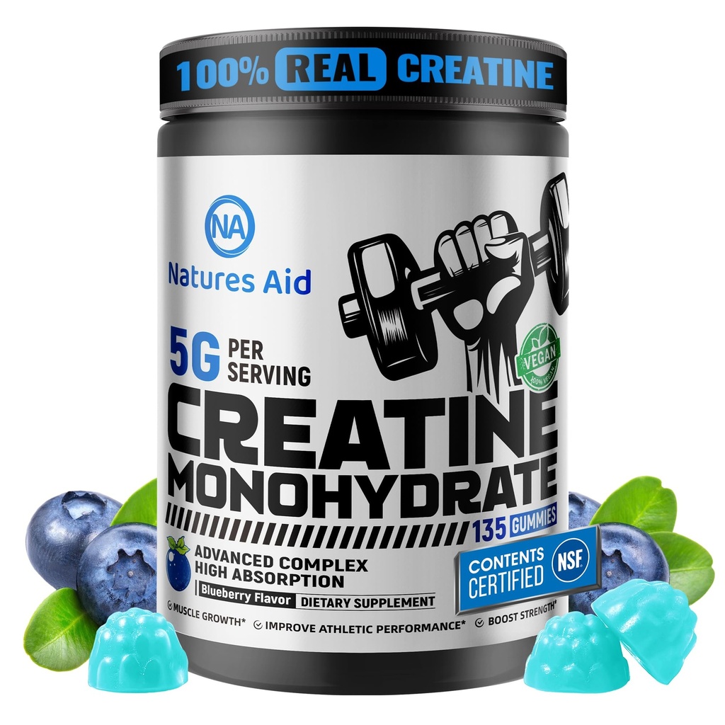 Natures Aid Creatine Monohydrate Gummies (5g) – Pre-Workout Energy & Muscle Growth Support for Men &amp; Women ← Blueberry Electrolyte Gummies (135 Conde)