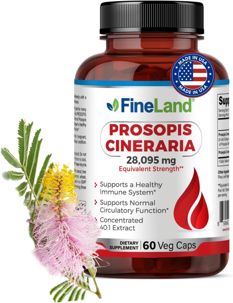 FineLand Prosopis Cineraria 40:1 Extracto – 28.000 mg Max Strength – Full Spectrum – Apoya el colesterol, la circulación y la salud Arterial – No GMO, Gluten Free – 60 cápsulas Vegan