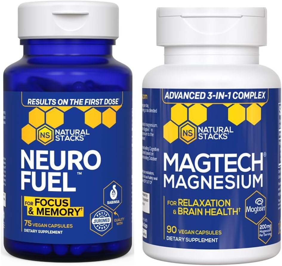 NATURAL STACKS MagTech Magnesium + NeuroFuel Nootropic Bundle - Supports Relax, Focus &amp; Brain Health* - 165 Total Capsules