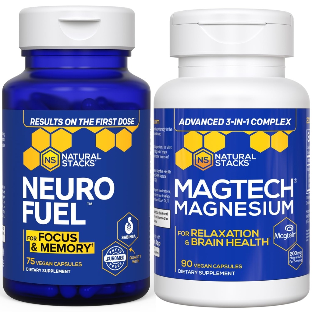 NATURAL STACKS MagTech Magnesium + NeuroFuel Nootropic Bundle - Supports Relax, Focus &amp; Brain Health* - 165 Total Capsules