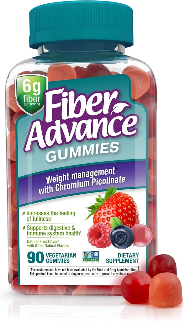 Fiber Advance Weight Management Gummies ← 100% Fibra basada en plantas para el bienestar digestivo y la salud de Gut TEN Chromium Picolinate for Weight Management Support, 90 Count