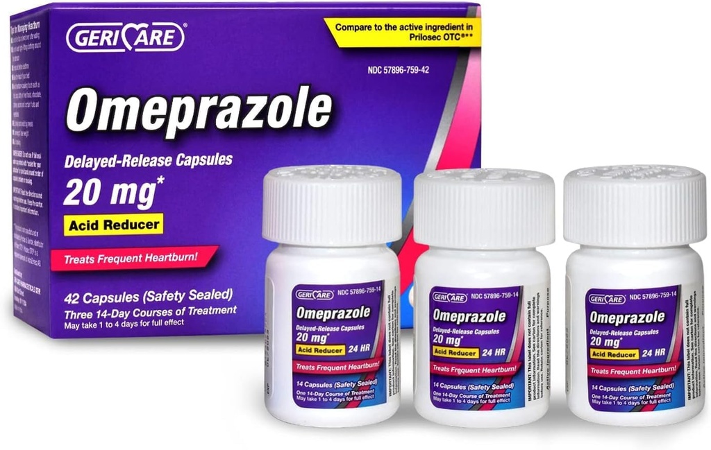 GeriCare Omeprazole Delayed Release Capsules 20.6mg - Láminas de reducción de ácido para las 24 horas de alivio de acidez - Medicamento de reflujo ácido para tratar la acidez cardíaca frecuente (42 conteo)