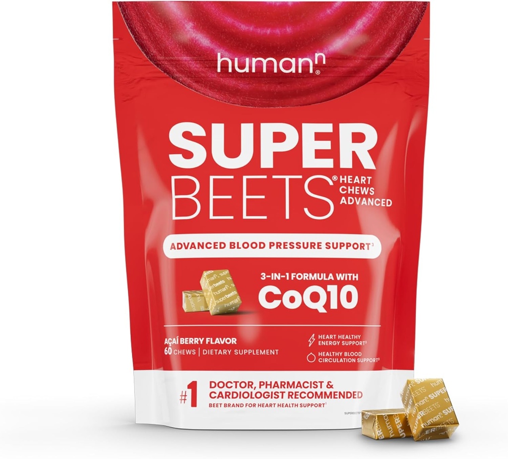 humanN SuperBeets Heart Chews Advanced - 100mg de CoQ10 Plus Beetroot &amp; Grape Seed Extract, 60 Cuenta