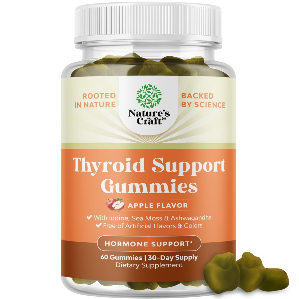 Naturalezas Artesanías de tiroides Vegan con musgo de mar - Tiroides de apoyo Gummies para soporte integral para hombres y mujeres con yodo Selenio y otras vitaminas Potente - Gelatin-Free Non-GMO 60