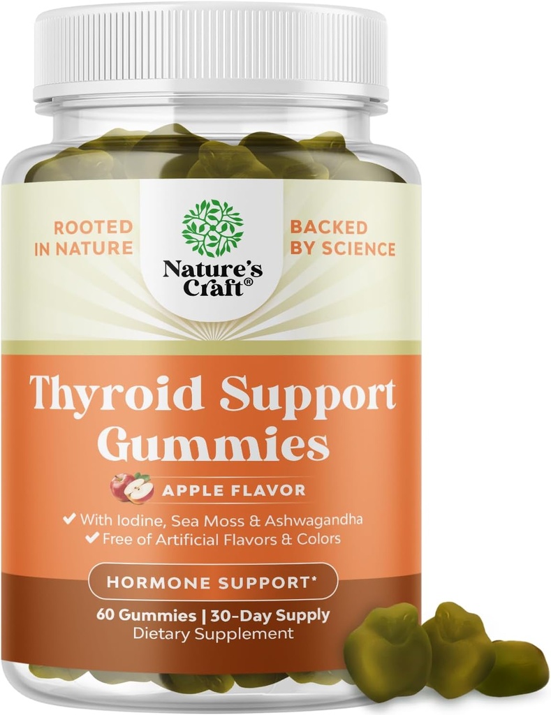 Naturalezas Artesanías de tiroides Vegan con musgo de mar - Tiroides de apoyo Gummies para soporte integral para hombres y mujeres con yodo Selenio y otras vitaminas Potente - Gelatin-Free Non-GMO 60