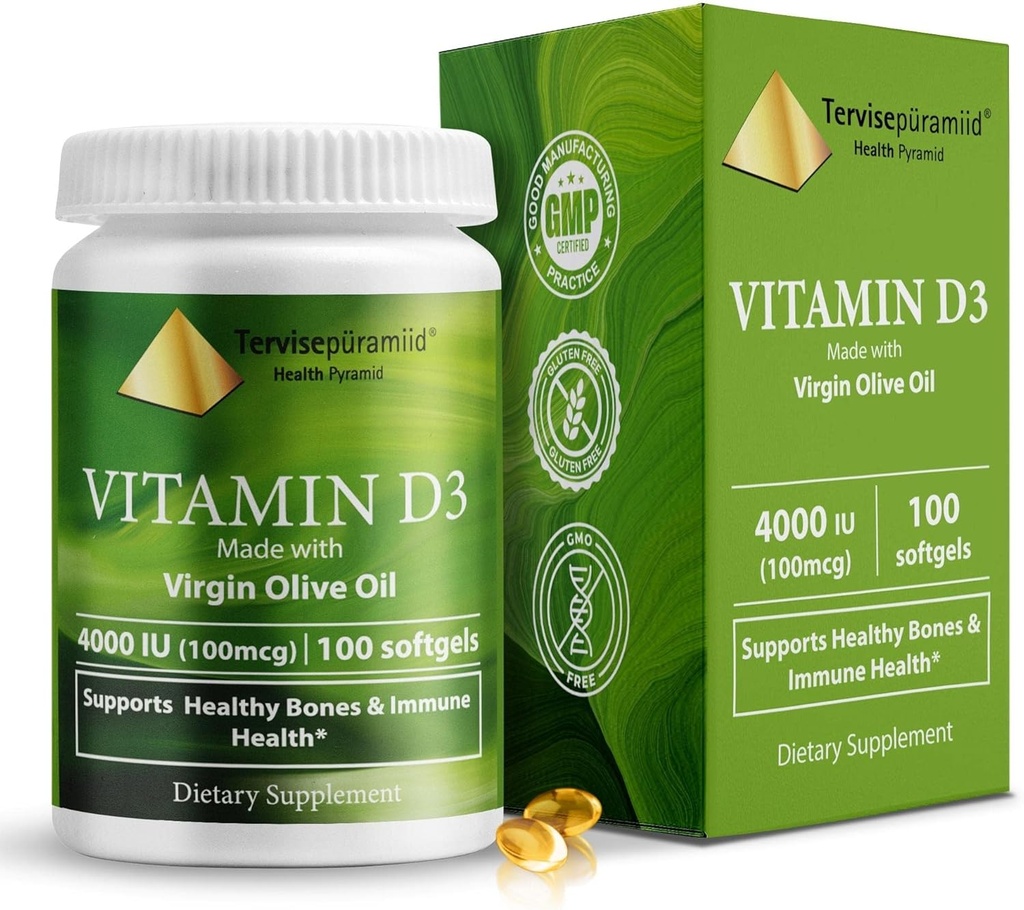 Salud Pirámide Vitamina D3 4000 UI Cholecalciferol en Aceite de Oliva Fácil de absorber Mejor Vitamina d Suplemento para Huesos &amp; Apoyo Inmunitario Vitamina D3 Softgel