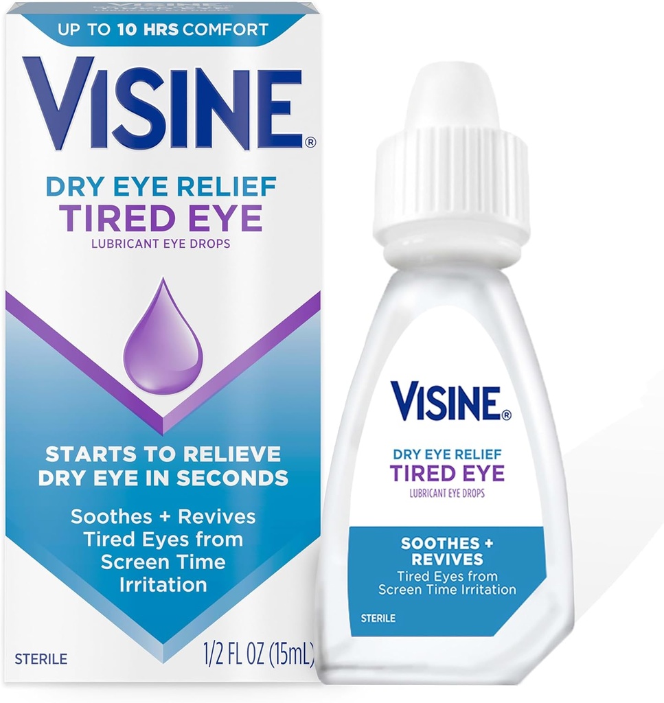 Visine Dry Eye Relief Tired Eye Lubricant Eye Drops, Moisturizing " Soothing Sterile Drops for Irritated, Dry " Tired Eyes Due to Screen Time Irritation, Polyethylene Glycol, 0.5 fl. oz
