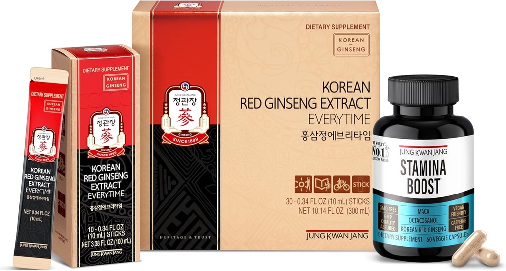JUNG KWAN JANG Korean Red Panax Ginseng Energy Bundle - Extract Everytime 3000mg Sticks (30 Count) " Men's Stamina Boost for Daily Vitality (60 Capsules)
