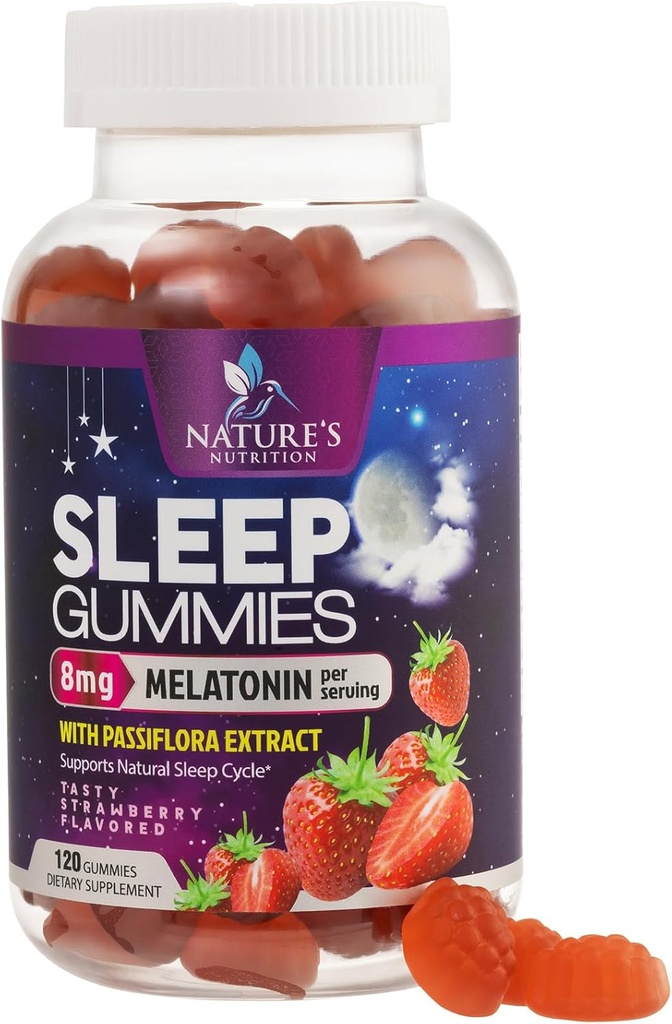 Gummies de sueño para adultos fuerza extra 8mg - Melatonina con Passiflora Extracto para el descanso - Melatonina interina rápida Suplemento de goma de sueño, Vegan, No GMO, sabor a fresa Tasty - 120 Gummies