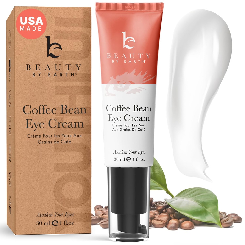 Beauty by Earth Caffeine Eye Cream for Puffiness & Bags Under Eyes - USA Made with Natural & Organic Ingredients, Under Eye Cream for Dark Circles with Glycerin & Vitamin E, Brightens & Refreshes