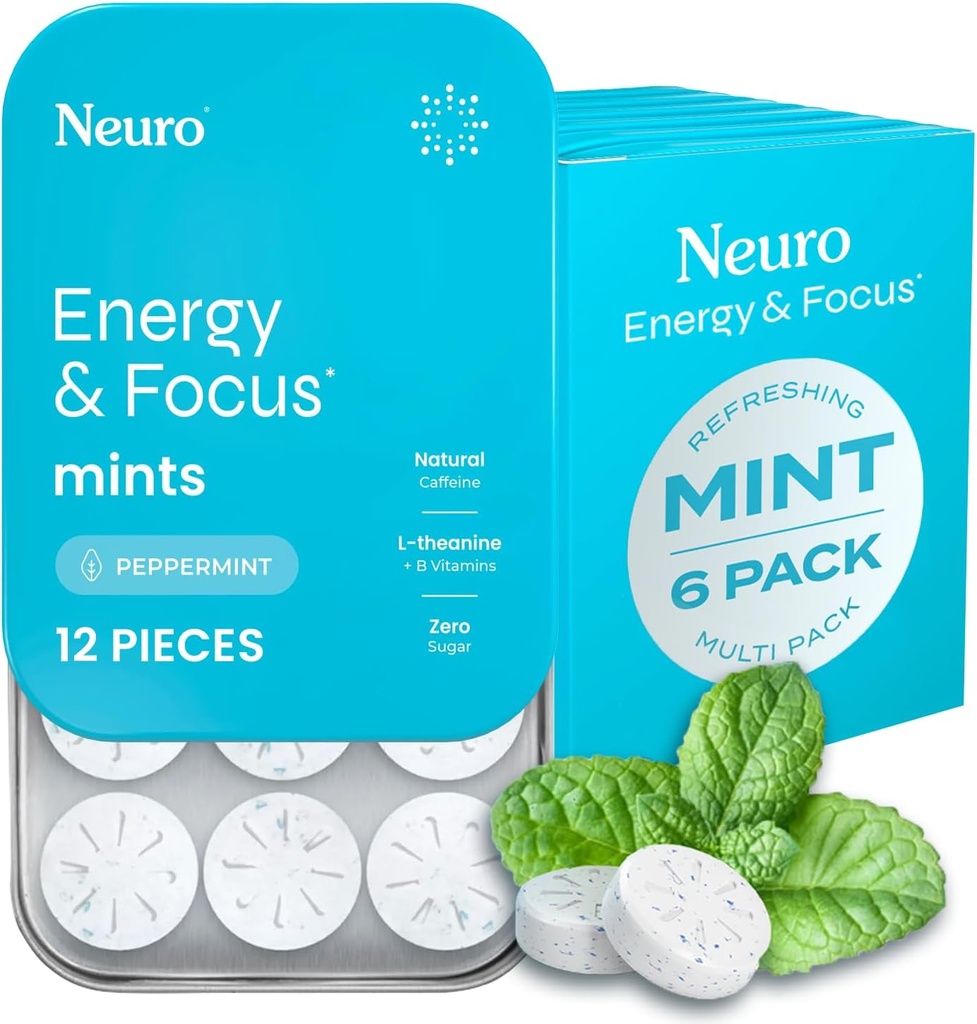 NeuroGum Energy & Focus Mints (72 Count-6 Pack, Peppermint) ← 40mg Natural Caffeine + L-Theanine + Vitamin B12 &amp; B6 ← Sugar Free Nootropic Cognitive Brain Performance Suplemento