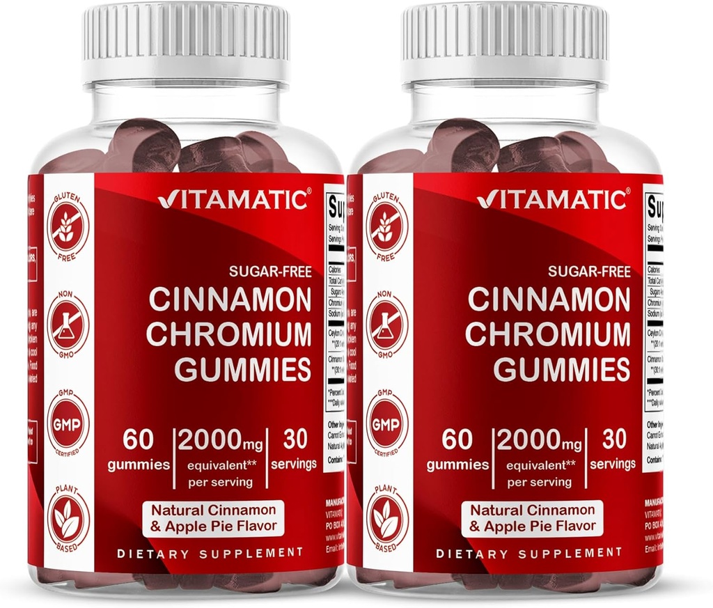 Gummies de cromo libre de azúcar con canela de Ceylán – 2000 mg Equivalente por ser (de Extracto 83 mg) – No Gluten-Free – 60 Gummies Vegan – 2 Pack