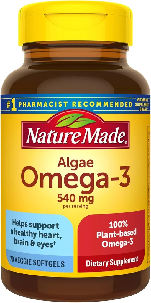 Nature Made Algae Oil Omega 3 Supplement 540mg, Omega 3 Fish Oil Alternative, 70 Veggie Softgels, Sustainable, Plant-Based, for Healthy Heart, Brain, and Eye Support, 70 Softgels