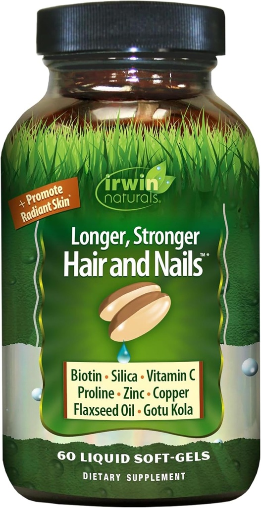 Irwin Naturals Longer, Stronger Hair and Nails - Promotes Vibrant Shine Texture & Strength - 60 Liquid Softgels