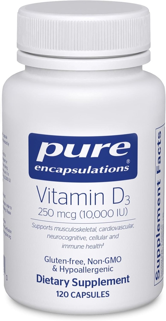 Encapsulaciones puras Vitamina D3 250 mcg (10.000 UI) - Suplemento de Soporte Hueso, Conjunto, Breast, Corazón, Colon &amp; Immune Health - con Vitamina Premium D - 120 cápsulas