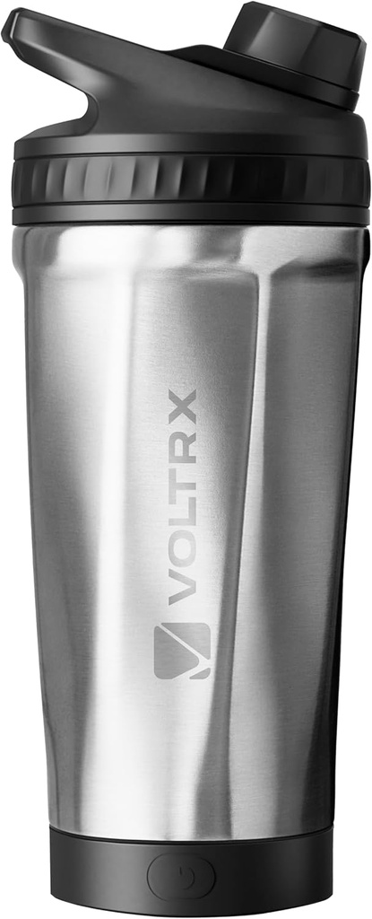 VOLTRX ChillMix Shaker Bottle Acero Insulado - USB C Mezclador eléctrico recargable Proteína de afeitado, Copas de afeitado para sacudidas proteínas y reemplazo de comida, Acero cromado, 16 oz